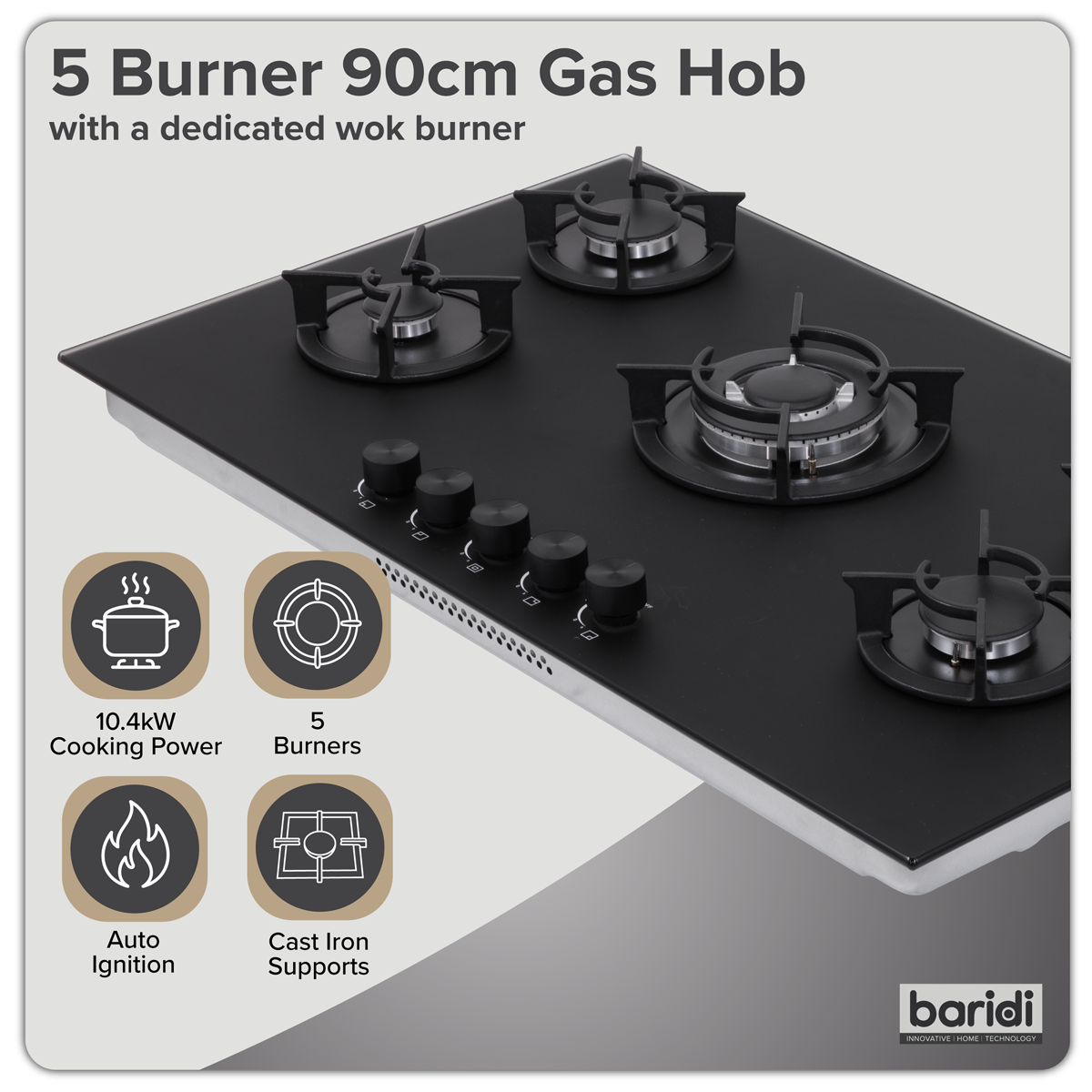 Baridi DH385 Baridi 90cm Gas Hob Matt Black 5 Burners Cast Iron Supports & Auto Ignition 10.4kW