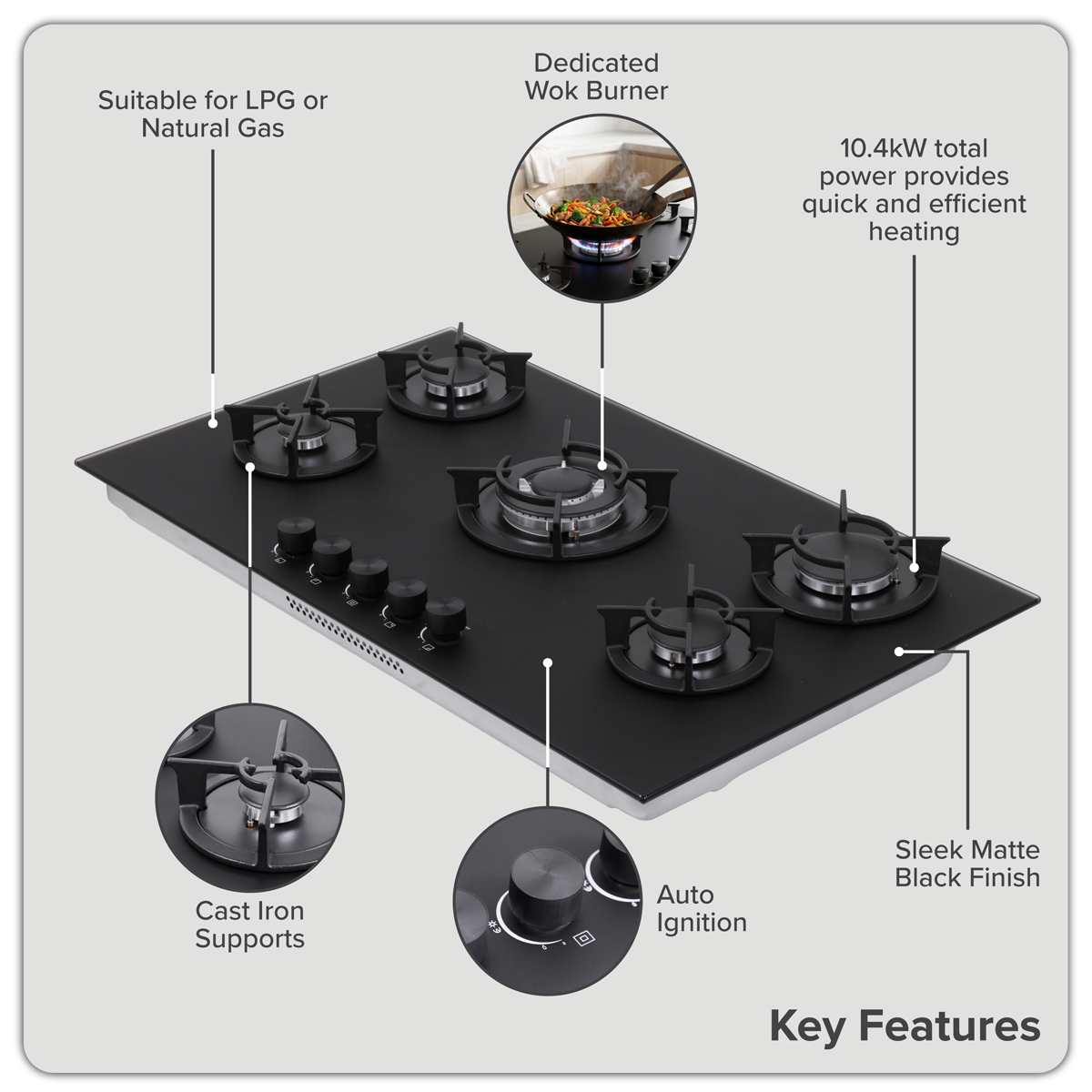 Baridi DH385 Baridi 90cm Gas Hob Matt Black 5 Burners Cast Iron Supports & Auto Ignition 10.4kW