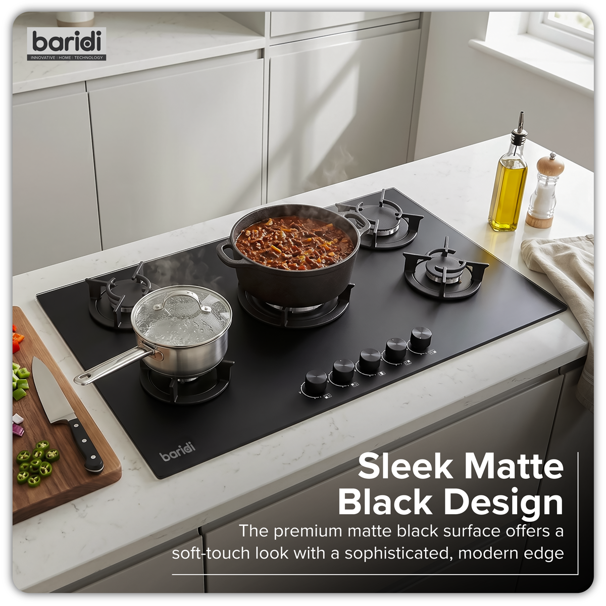Baridi DH385 Baridi 90cm Gas Hob Matt Black 5 Burners Cast Iron Supports & Auto Ignition 10.4kW