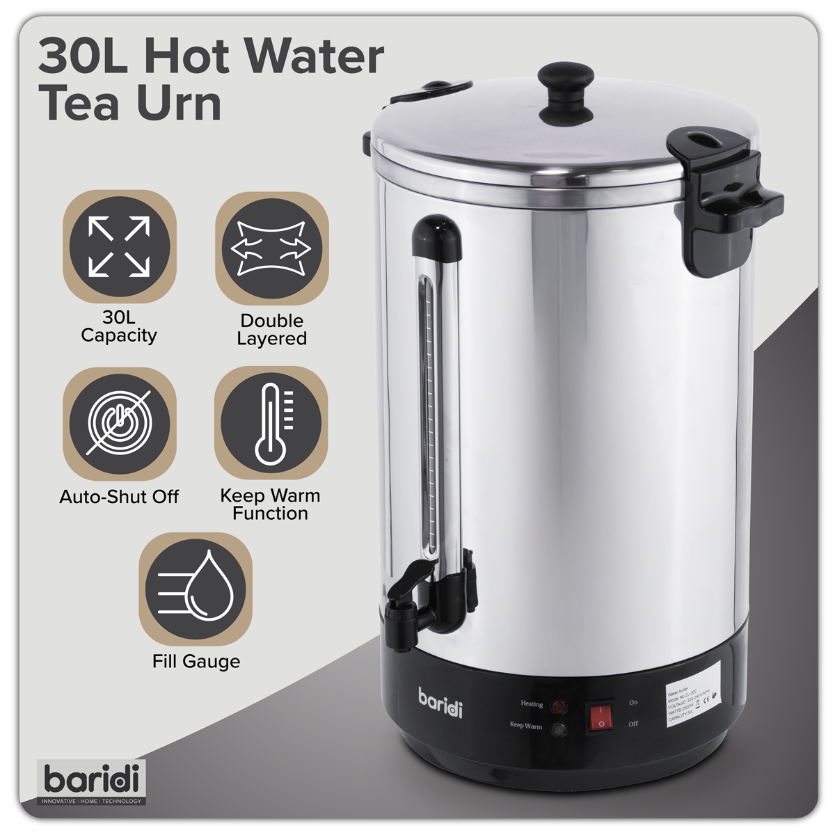 Baridi DH388 Baridi Hot Water Boiler, Tea Urn 30L Capacity - Stainless Steel