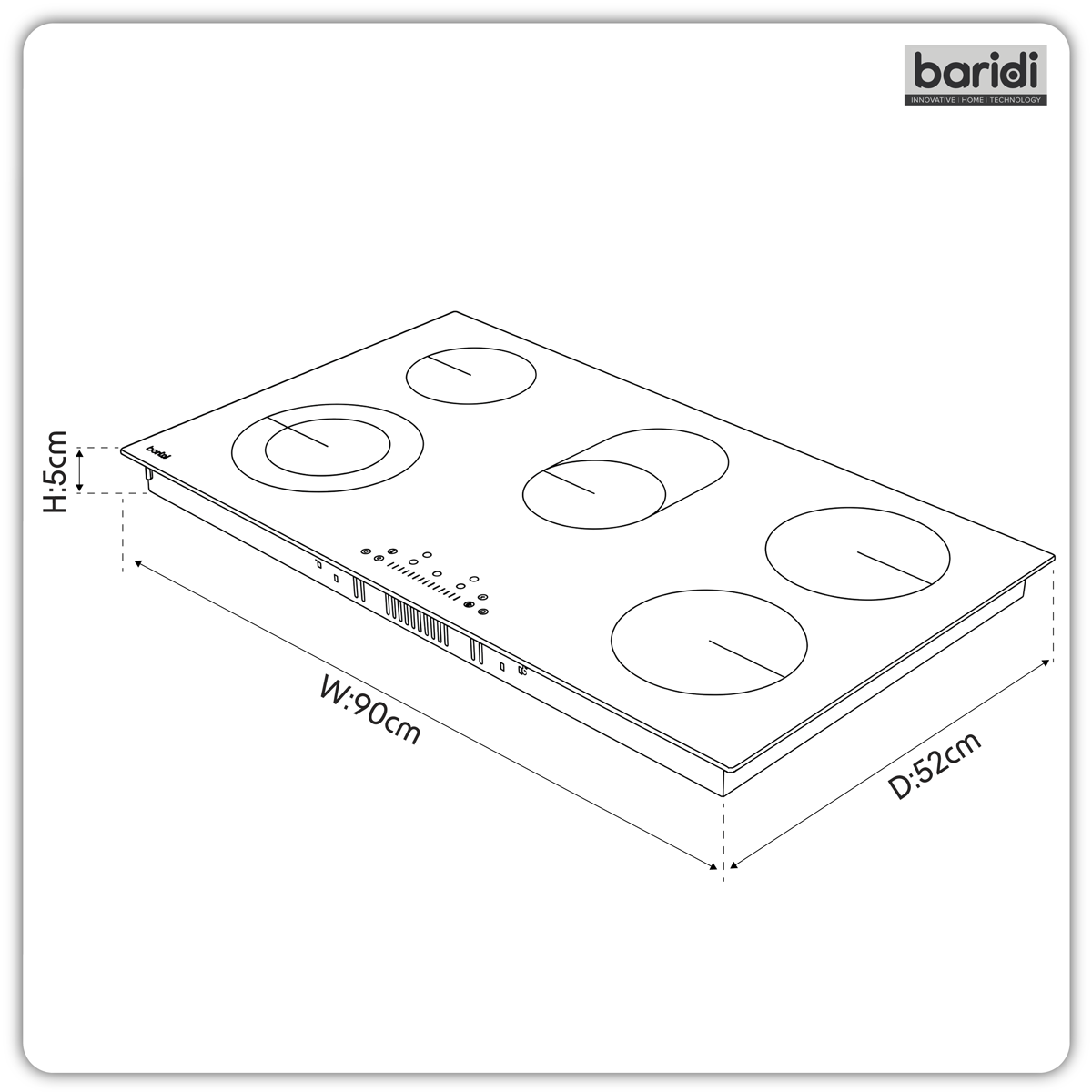 Baridi DH389 Baridi Integrated Ceramic Hob with 5 Cooking Zones 90cm - Black Glass