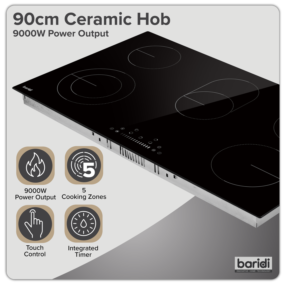 Baridi DH389 Baridi Integrated Ceramic Hob with 5 Cooking Zones 90cm - Black Glass