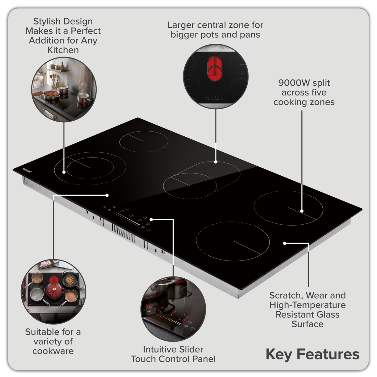 Baridi DH389 Baridi Integrated Ceramic Hob with 5 Cooking Zones 90cm - Black Glass