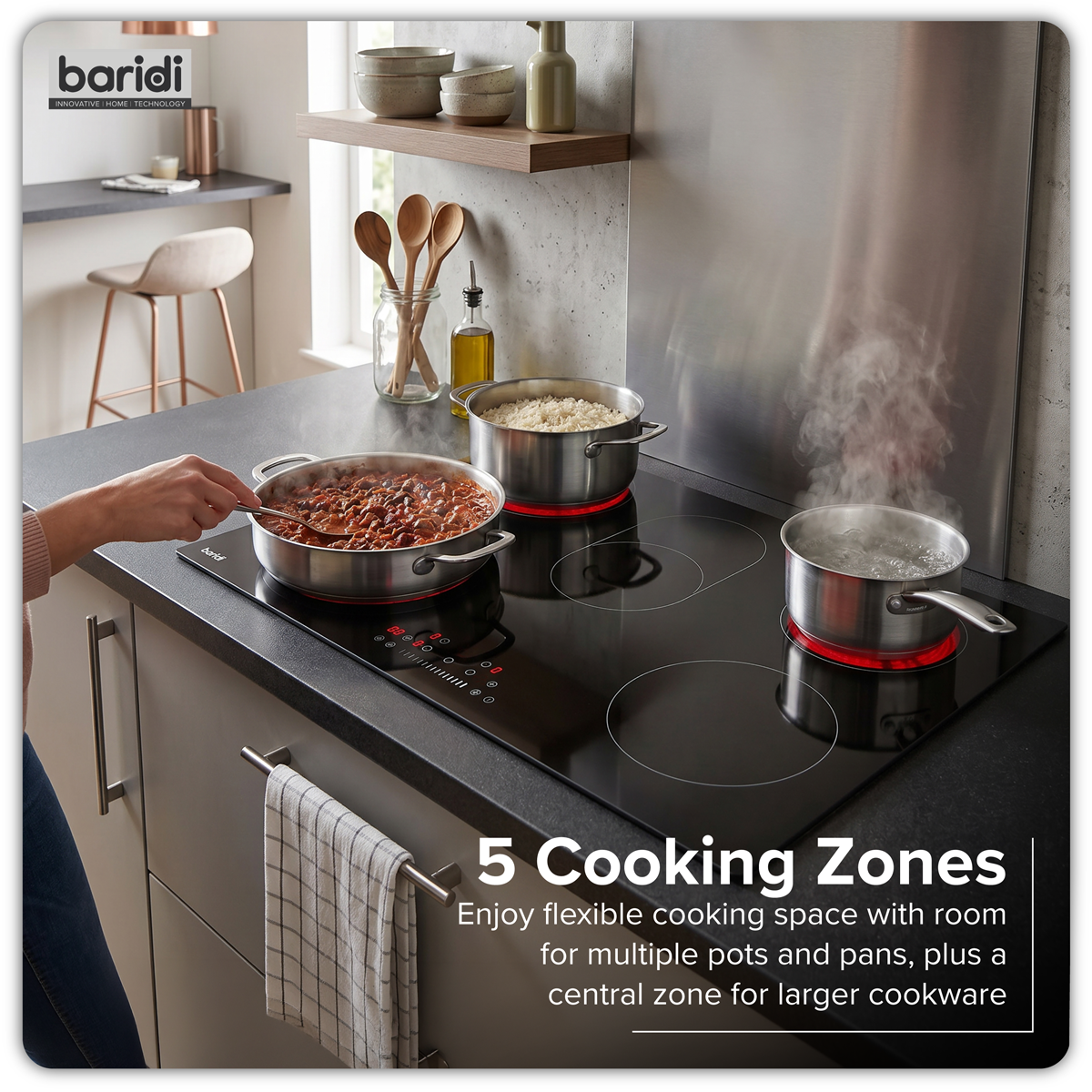 Baridi DH389 Baridi Integrated Ceramic Hob with 5 Cooking Zones 90cm - Black Glass