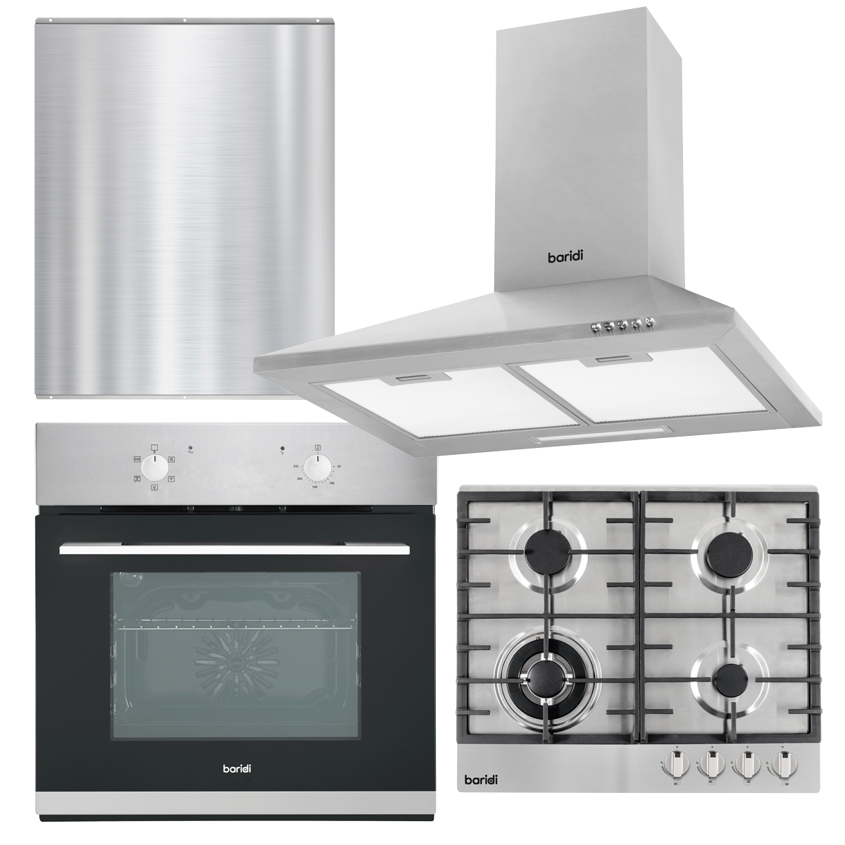 Baridi DH390 Kitchen Appliance Bundle – Integrated Fan-Assisted Oven, Stainless Steel Gas Hob, Chimney Cooker Hood & Stainless Steel Splashback – 60cm