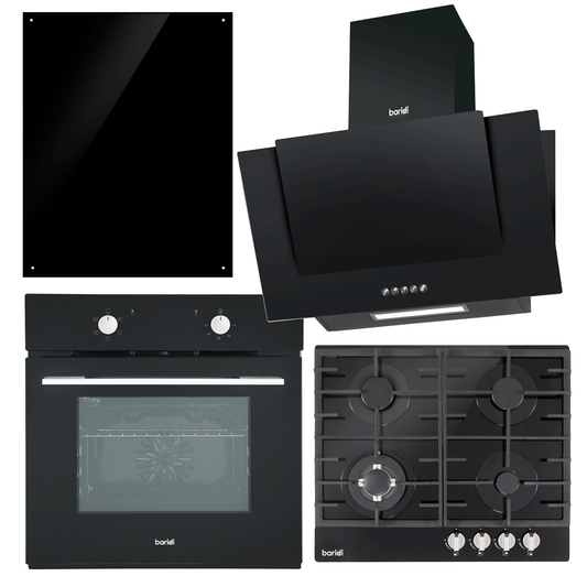 Baridi DH391 Baridi Kitchen Appliance Bundle – Integrated Fan-Assisted Oven, Black Glass Gas Hob, Angled Chimney Cooker Hood & Black Glass Splashback – 60cm