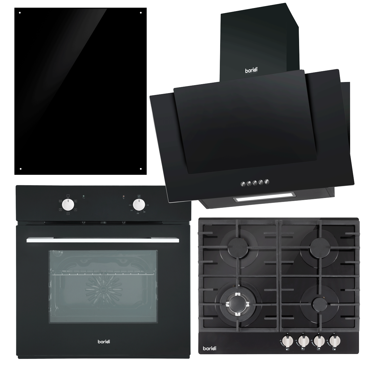 Baridi DH391 Baridi Kitchen Appliance Bundle – Integrated Fan-Assisted Oven, Black Glass Gas Hob, Angled Chimney Cooker Hood & Black Glass Splashback – 60cm