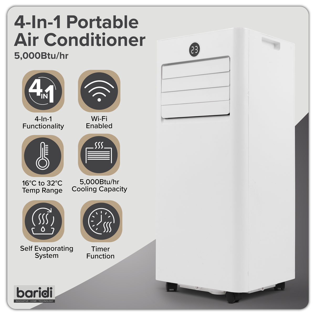 Baridi DH412 Baridi 4-in-1 Portable Air Conditioner with Window Sealing Kit 5,000Btu/hr - White