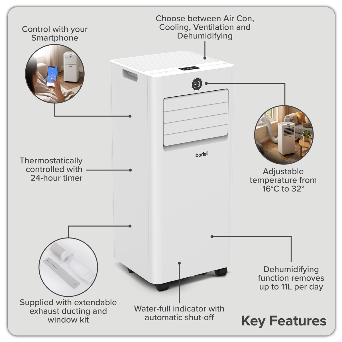 Baridi DH412 Baridi 4-in-1 Portable Air Conditioner with Window Sealing Kit 5,000Btu/hr - White
