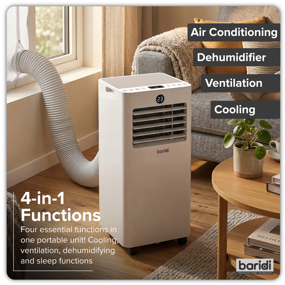 Baridi DH412 Baridi 4-in-1 Portable Air Conditioner with Window Sealing Kit 5,000Btu/hr - White