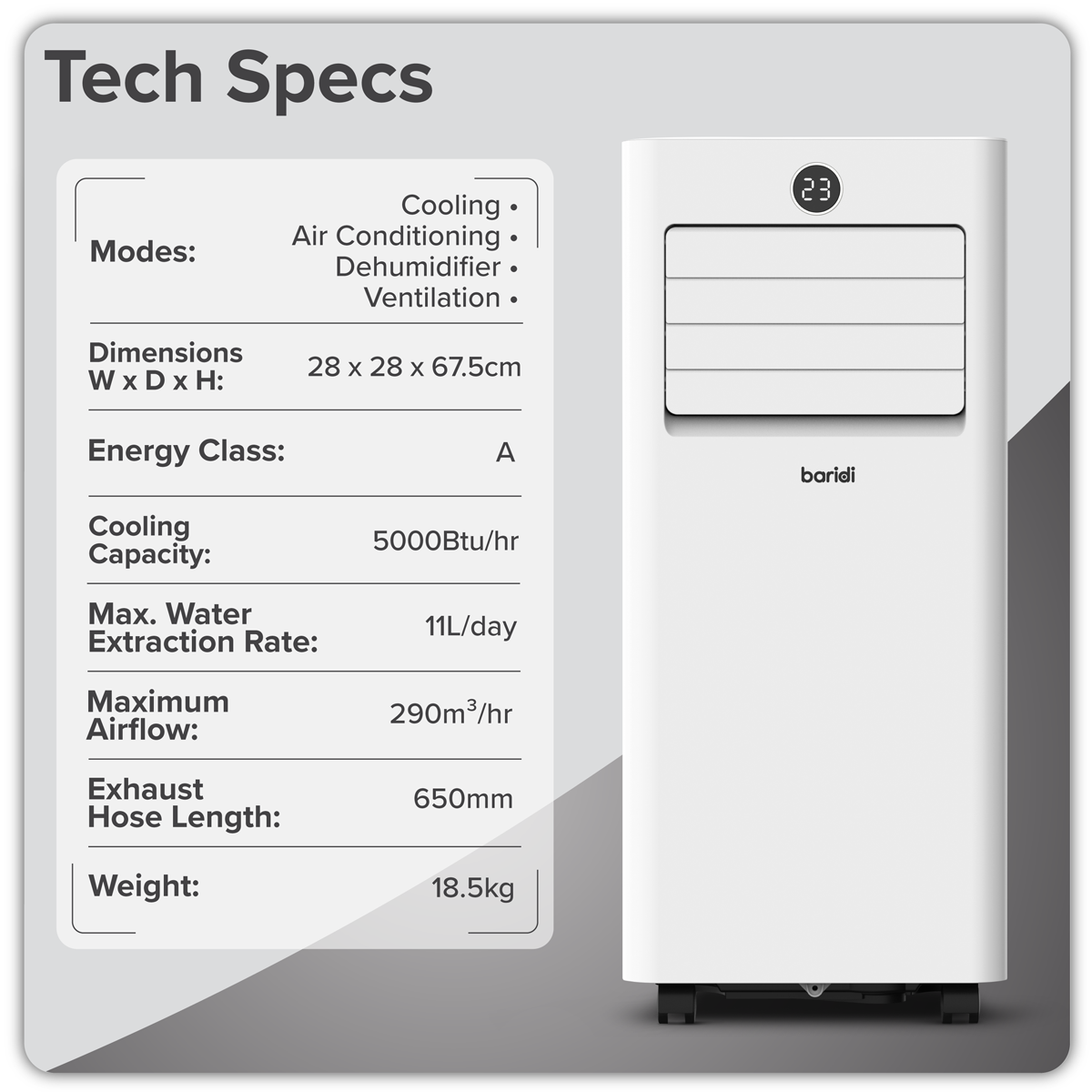 Baridi DH412 Baridi 4-in-1 Portable Air Conditioner with Window Sealing Kit 5,000Btu/hr - White
