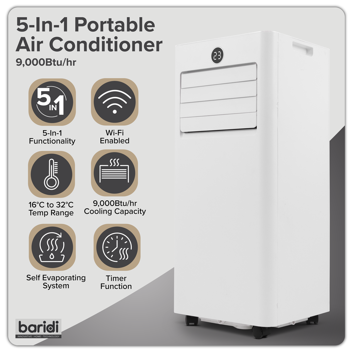 Baridi DH414 Baridi 5-in-1 Portable Air Conditioner/Dehumidifier/Air Cooler with Window Sealing Kit 9,000Btu/hr - White