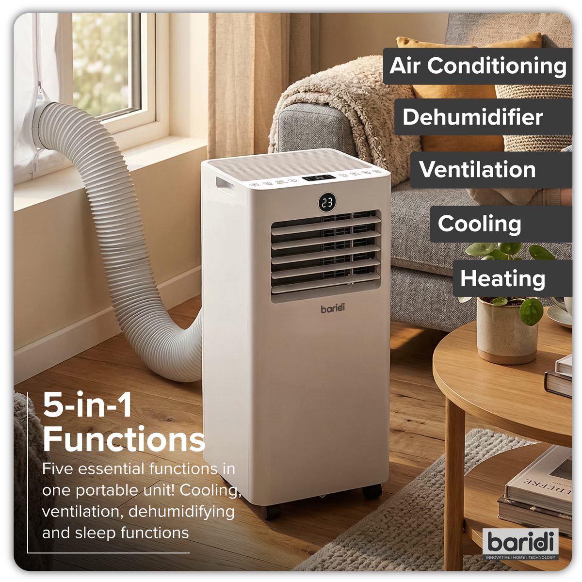 Baridi DH414 Baridi 5-in-1 Portable Air Conditioner/Dehumidifier/Air Cooler with Window Sealing Kit 9,000Btu/hr - White