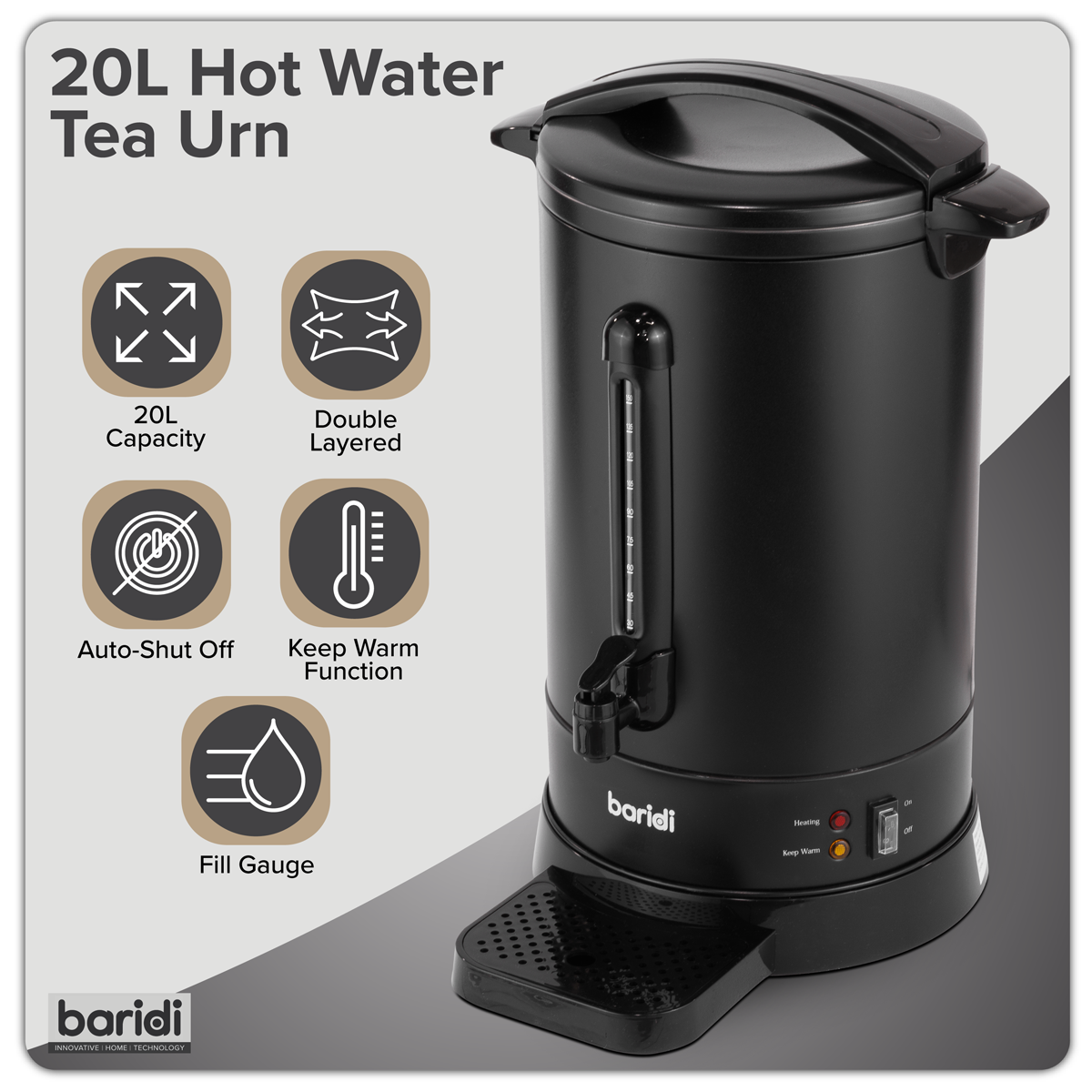 Baridi DH431 Baridi Hot Water Boiler/Tea Urn, 20L Capacity - Black
