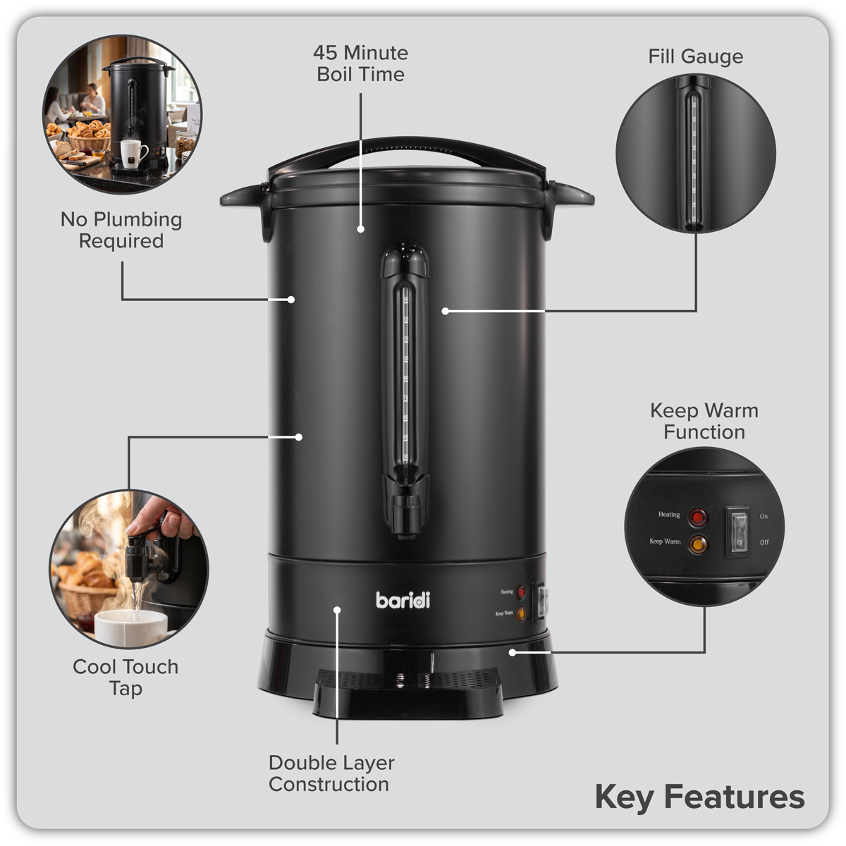 Baridi DH431 Baridi Hot Water Boiler/Tea Urn, 20L Capacity - Black