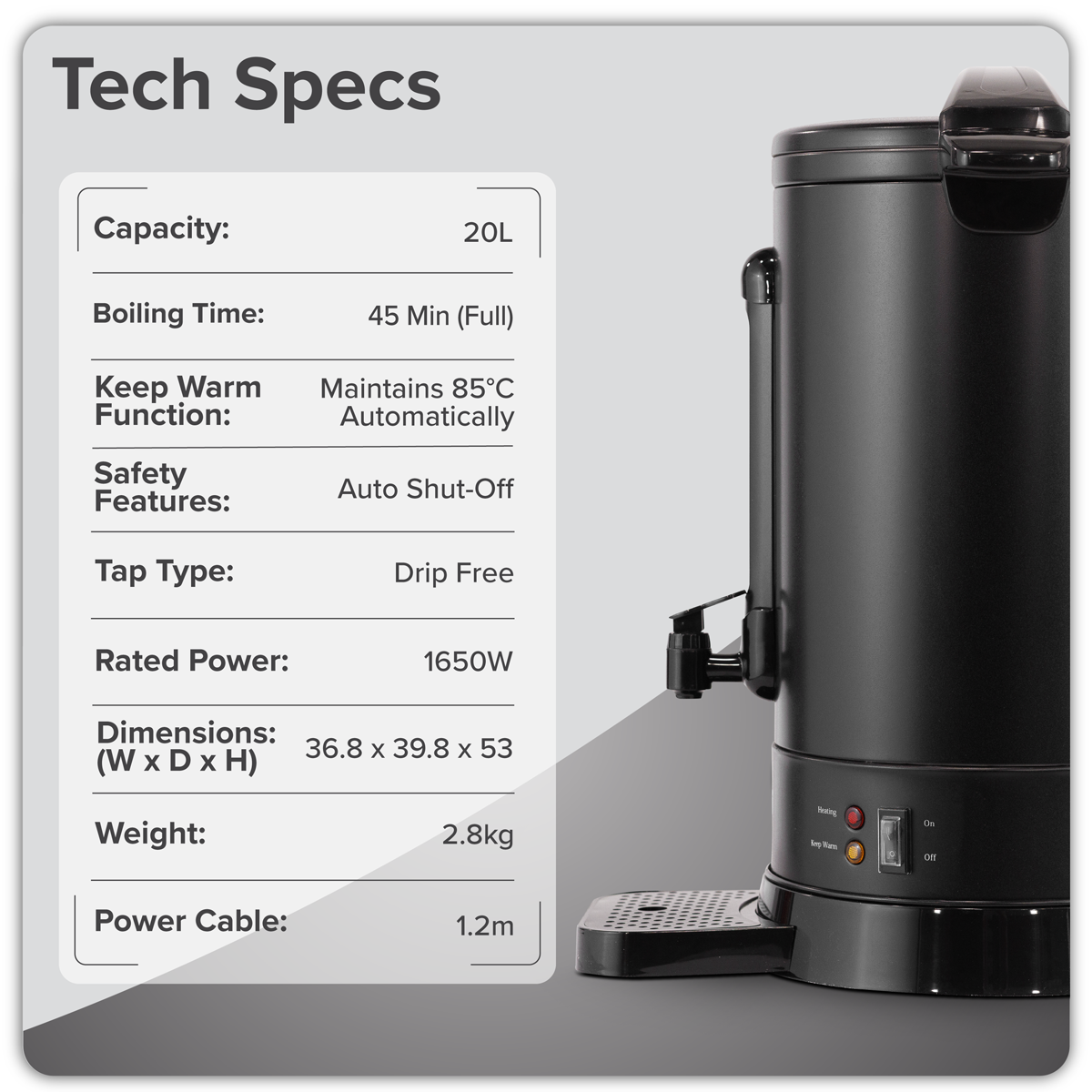 Baridi DH431 Baridi Hot Water Boiler/Tea Urn, 20L Capacity - Black