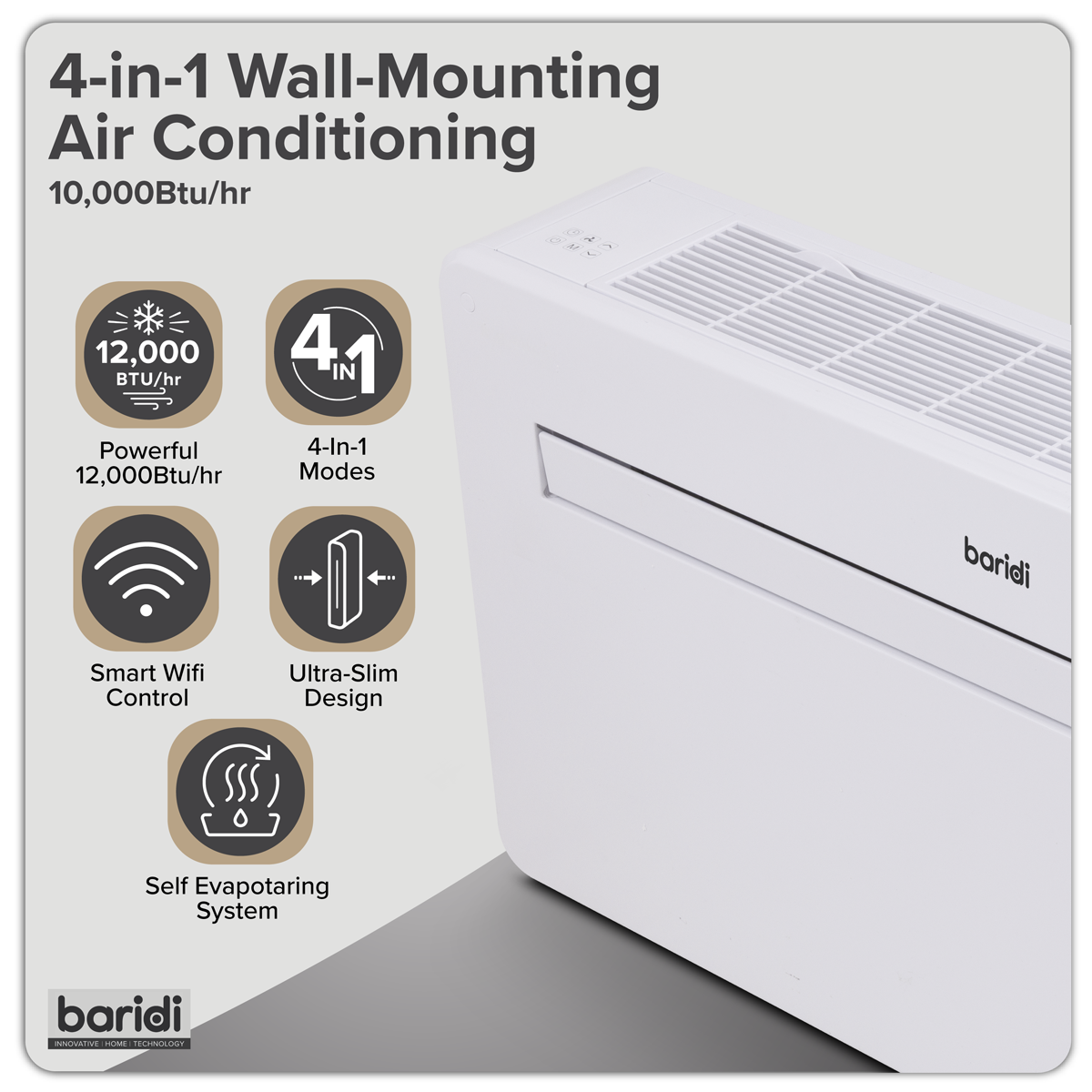 Baridi DH433 Baridi 4-in-1 Smart Monobloc Wall-Mounting Air Conditioning Unit 12,000Btu/hr - White