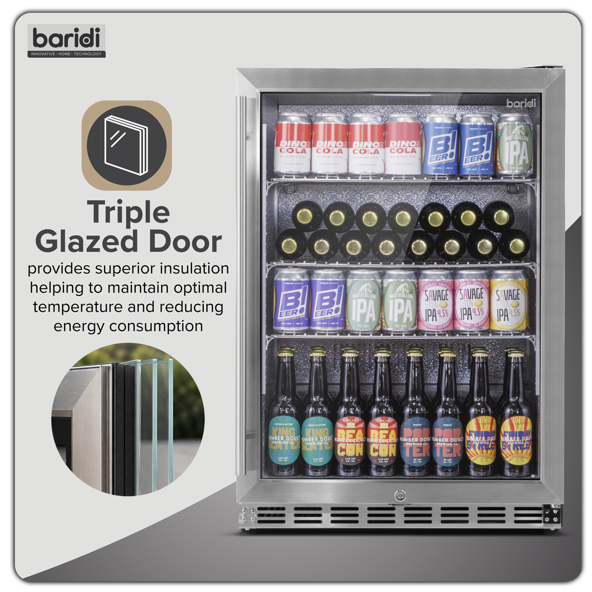 Baridi DH439 Baridi Outdoor Drinks/Beverage/Bar Fridge with Triple Glazed Door & Security Lock 150L - Stainless Steel