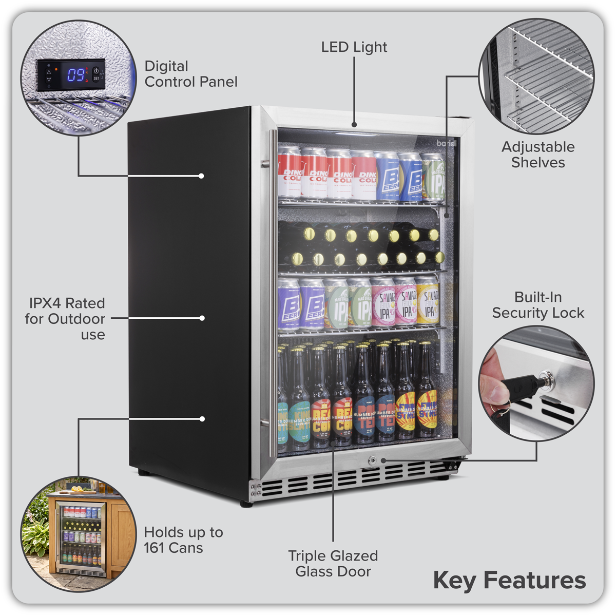 Baridi DH439 Baridi Outdoor Drinks/Beverage/Bar Fridge with Triple Glazed Door & Security Lock 150L - Stainless Steel