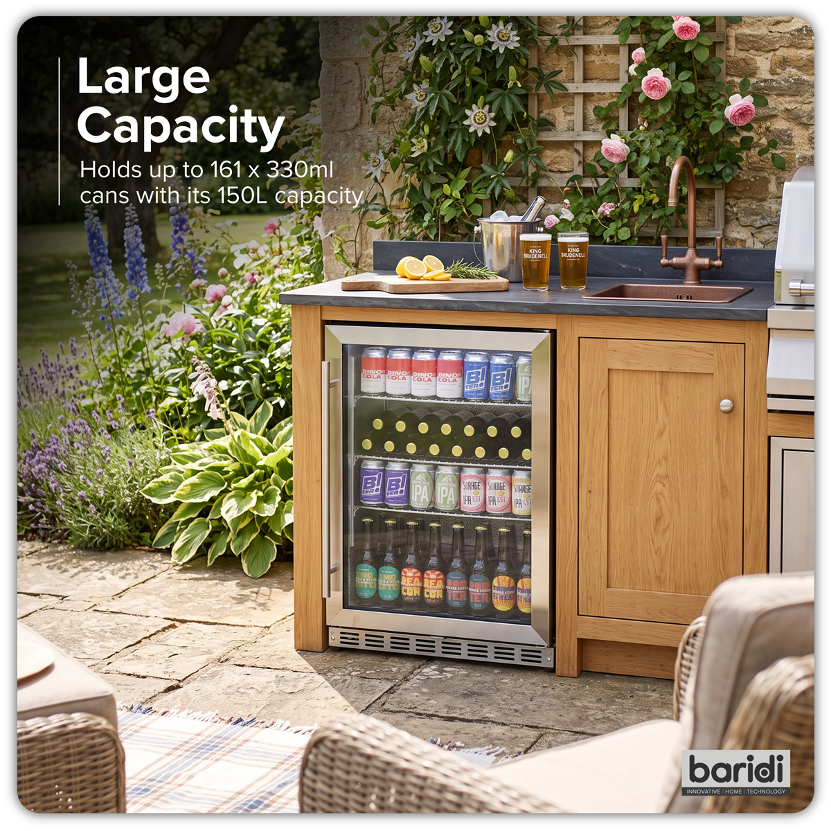 Baridi DH439 Baridi Outdoor Drinks/Beverage/Bar Fridge with Triple Glazed Door & Security Lock 150L - Stainless Steel