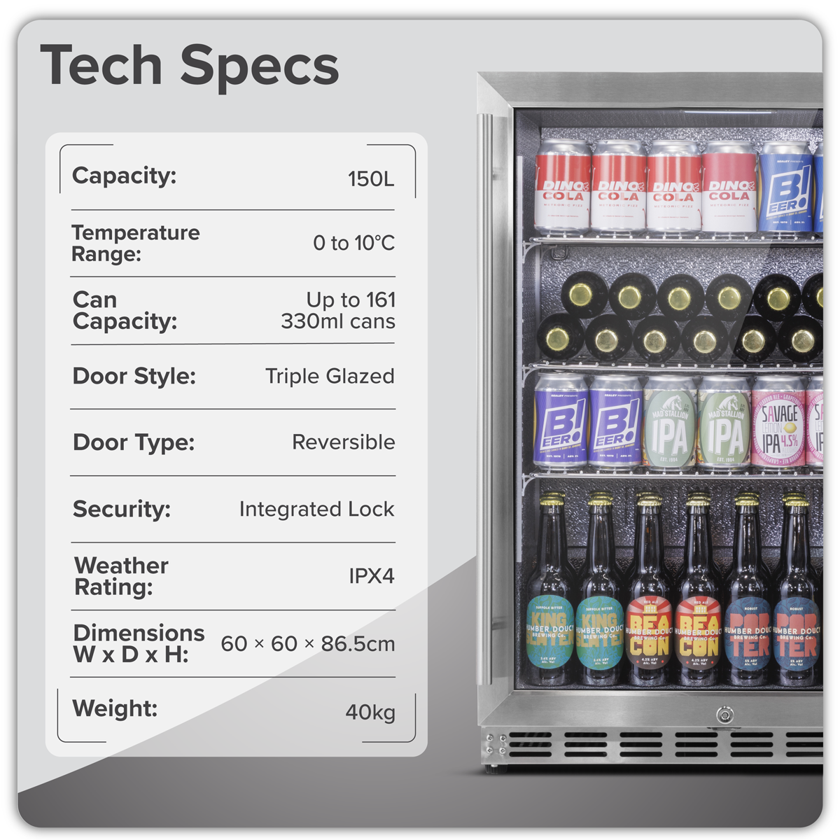 Baridi DH439 Baridi Outdoor Drinks/Beverage/Bar Fridge with Triple Glazed Door & Security Lock 150L - Stainless Steel