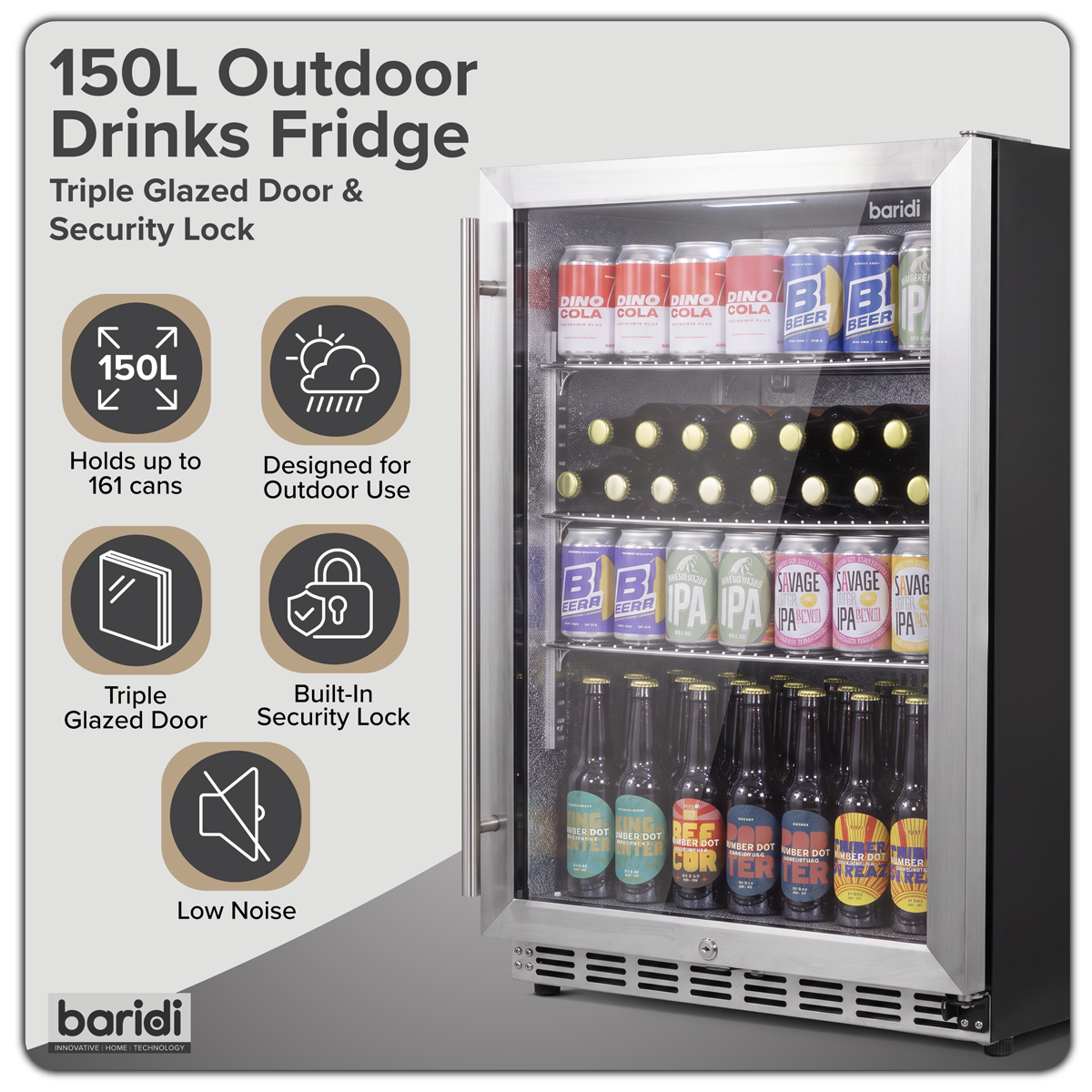 Baridi DH439 Baridi Outdoor Drinks/Beverage/Bar Fridge with Triple Glazed Door & Security Lock 150L - Stainless Steel
