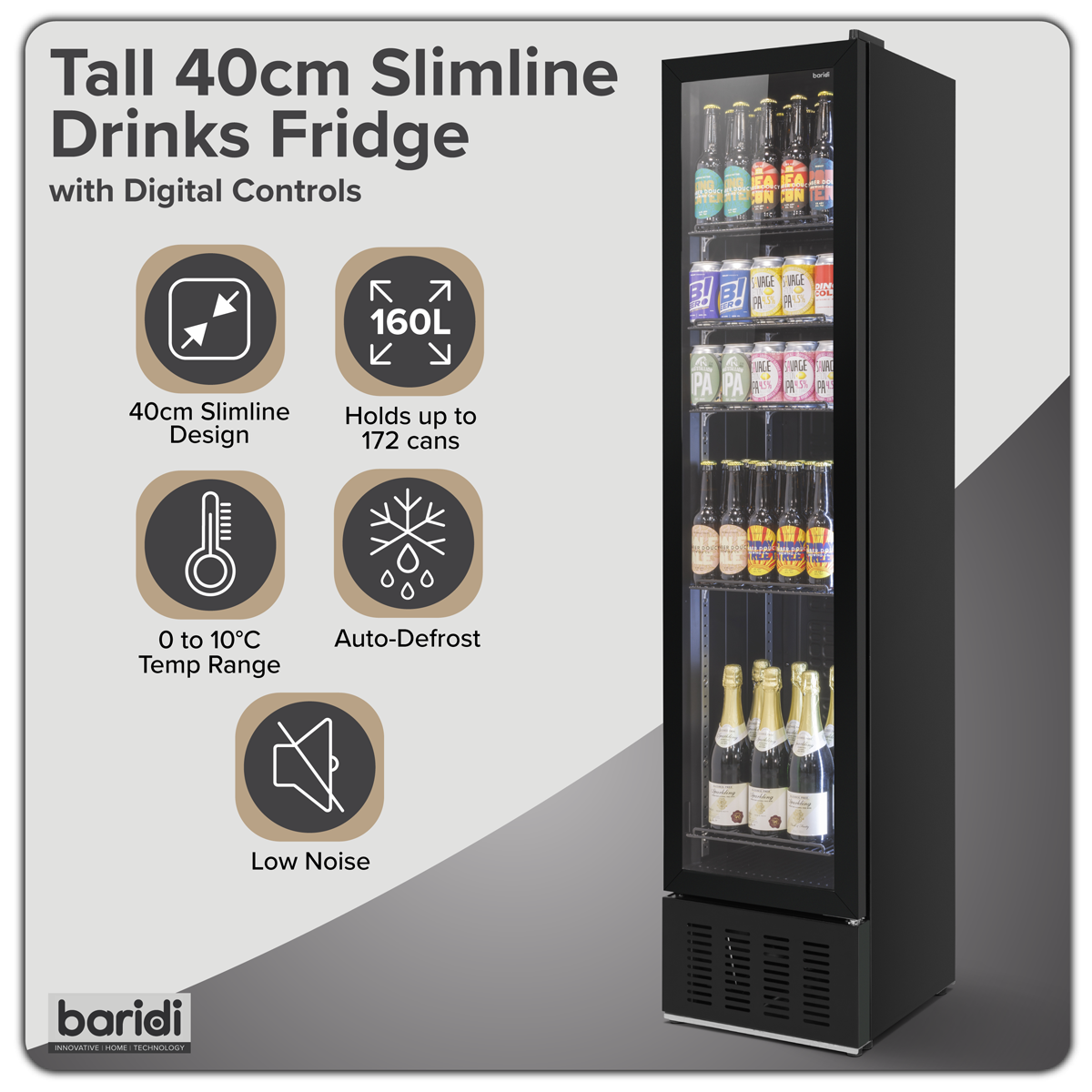 Baridi DH440 Baridi Tall Drinks/Bar Fridge with Digital Controls & Auto Defrost 160L - Black