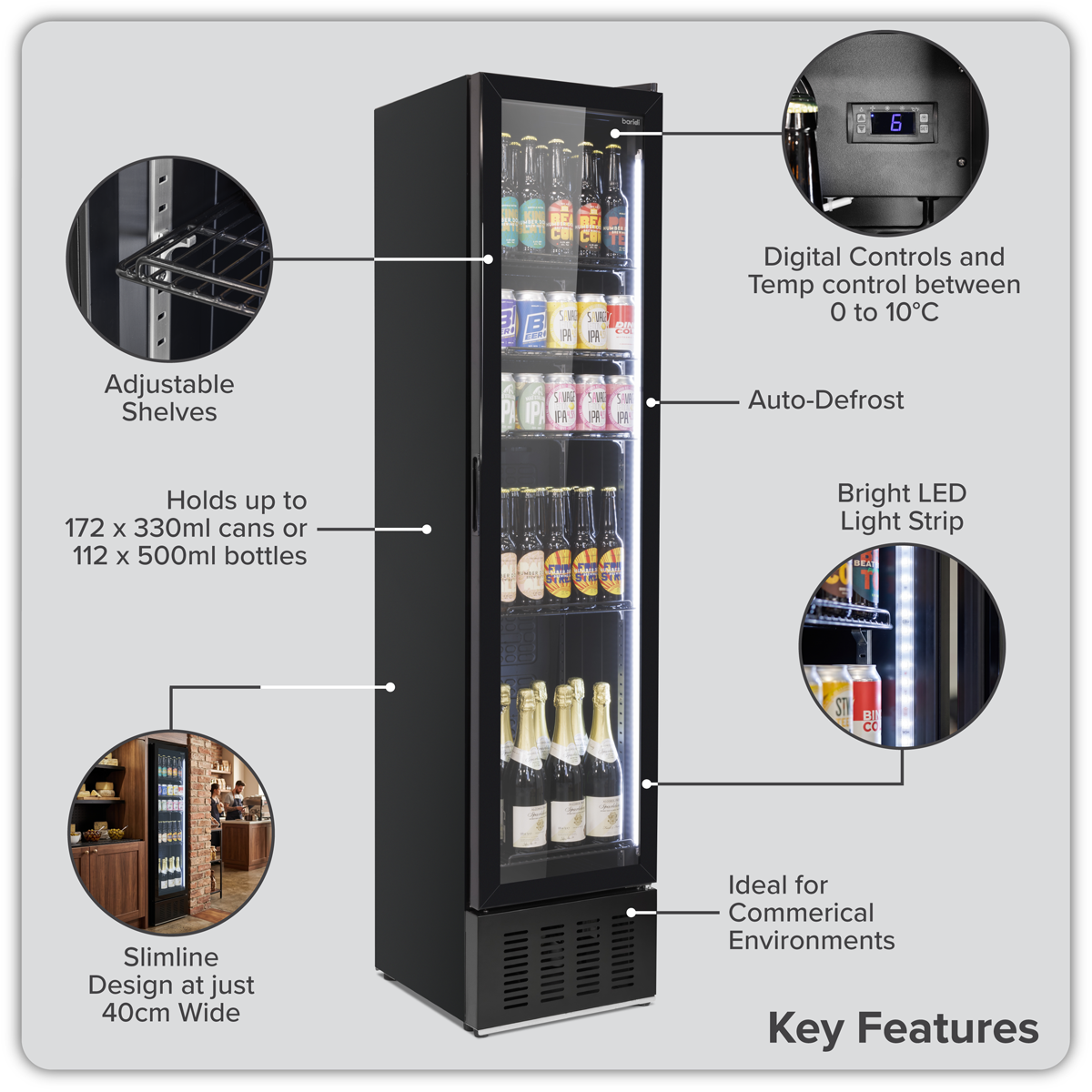 Baridi DH440 Baridi Tall Drinks/Bar Fridge with Digital Controls & Auto Defrost 160L - Black
