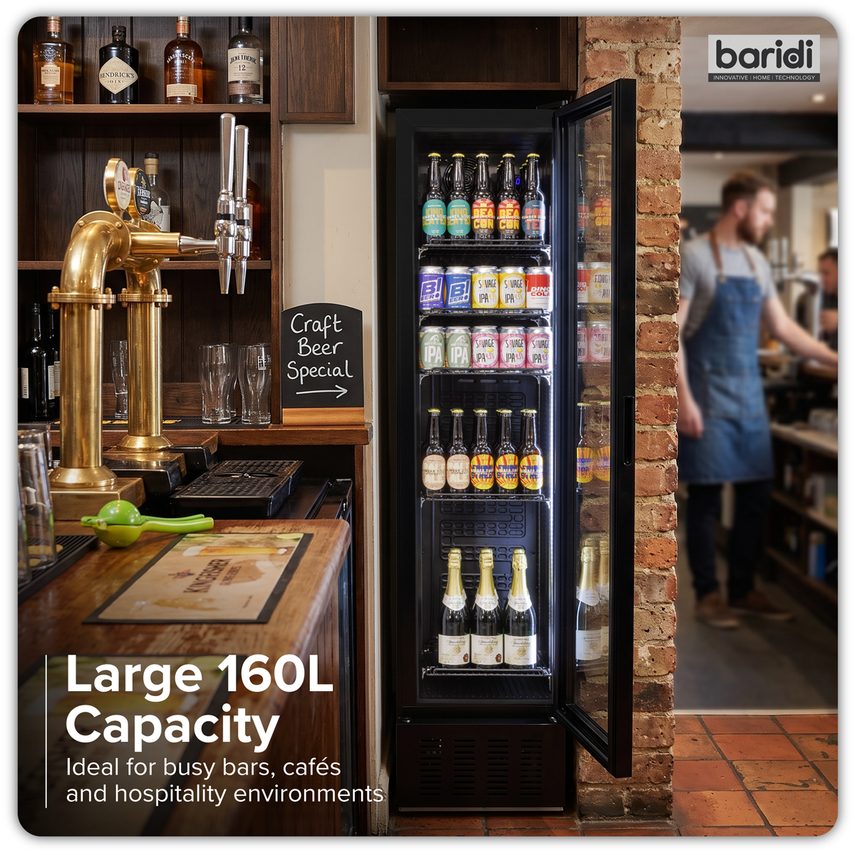 Baridi DH440 Baridi Tall Drinks/Bar Fridge with Digital Controls & Auto Defrost 160L - Black