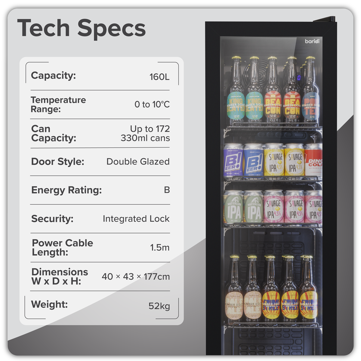 Baridi DH440 Baridi Tall Drinks/Bar Fridge with Digital Controls & Auto Defrost 160L - Black