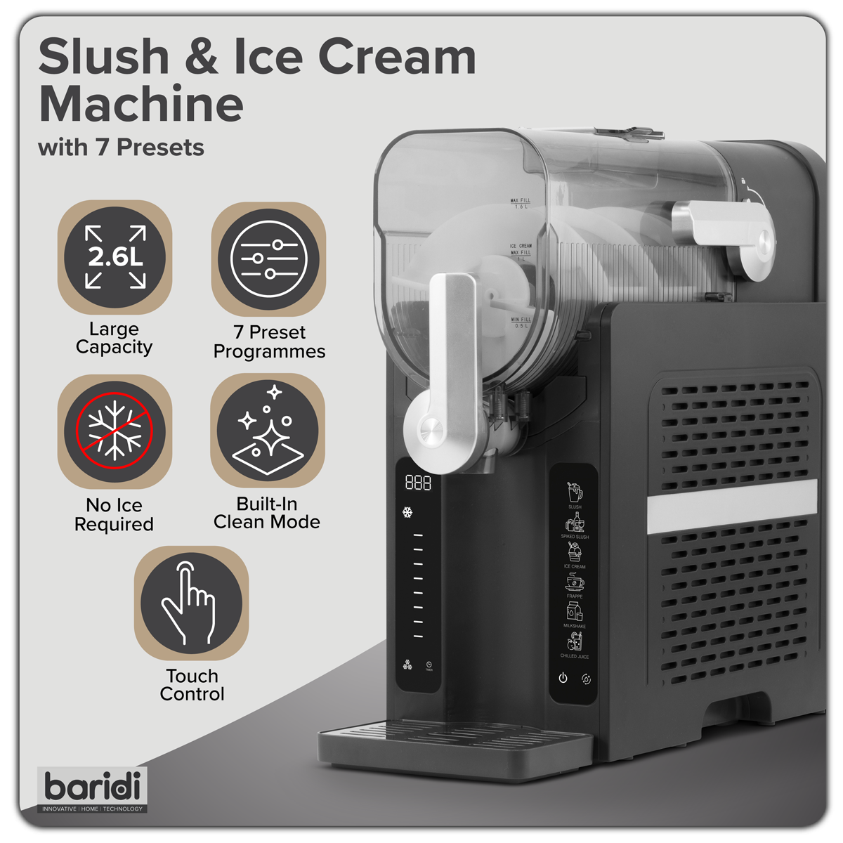 Baridi DH443 Baridi Slush & Ice Cream Machine, 7 Presets, 2.6L Capacity – Black