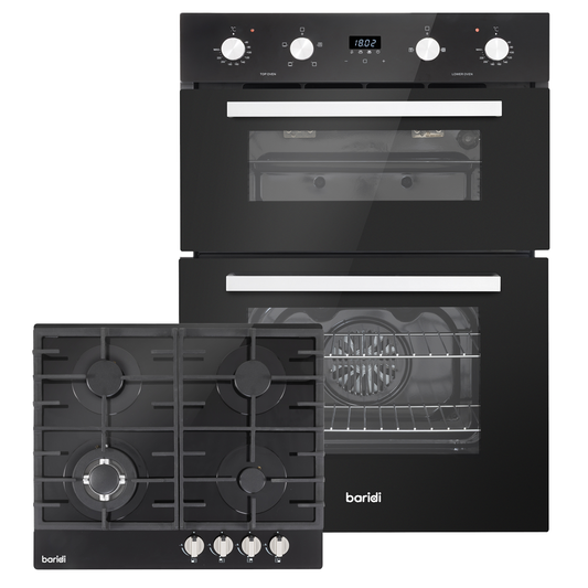 Baridi DH449 Baridi 72cm Built-Under Double Oven & Black Glass Gas Hob Appliance Bundle – 60cm Wide
