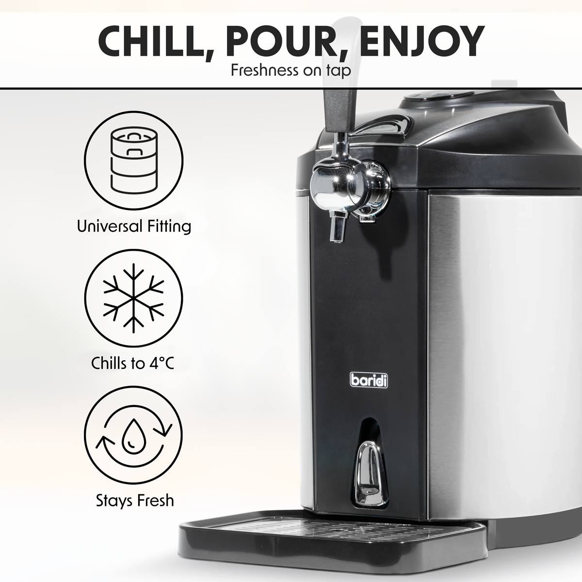 Baridi DH49 Baridi Mini Keg Draft Beer Dispenser Tap with Integrated Cooling 5L Capacity