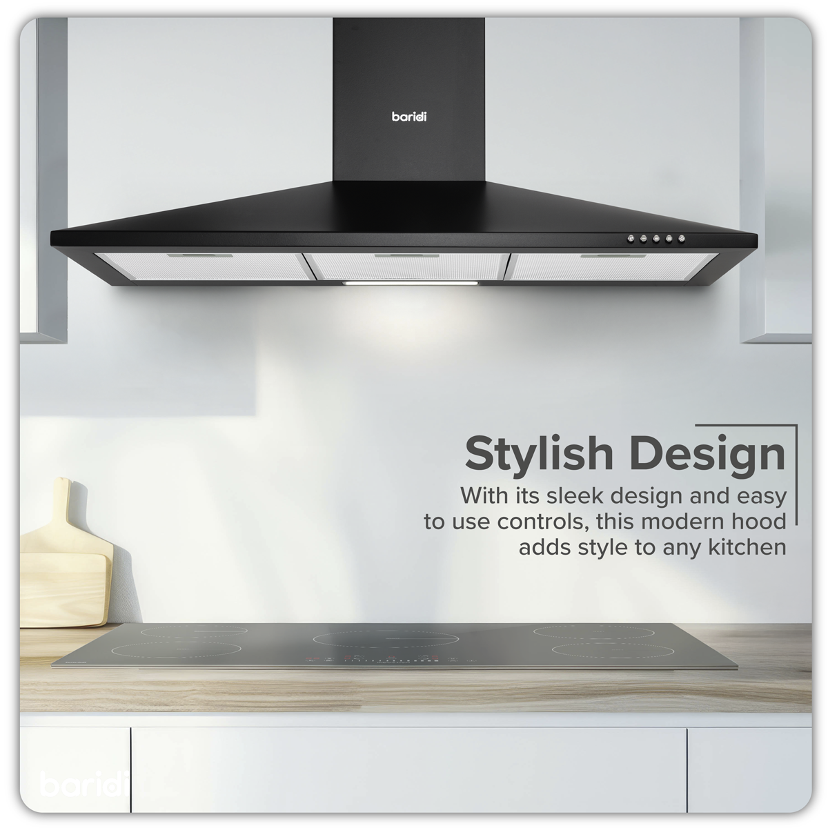 Baridi DH59 Baridi Cooker Hood, Chimney Style with Carbon Filters 90cm - Black