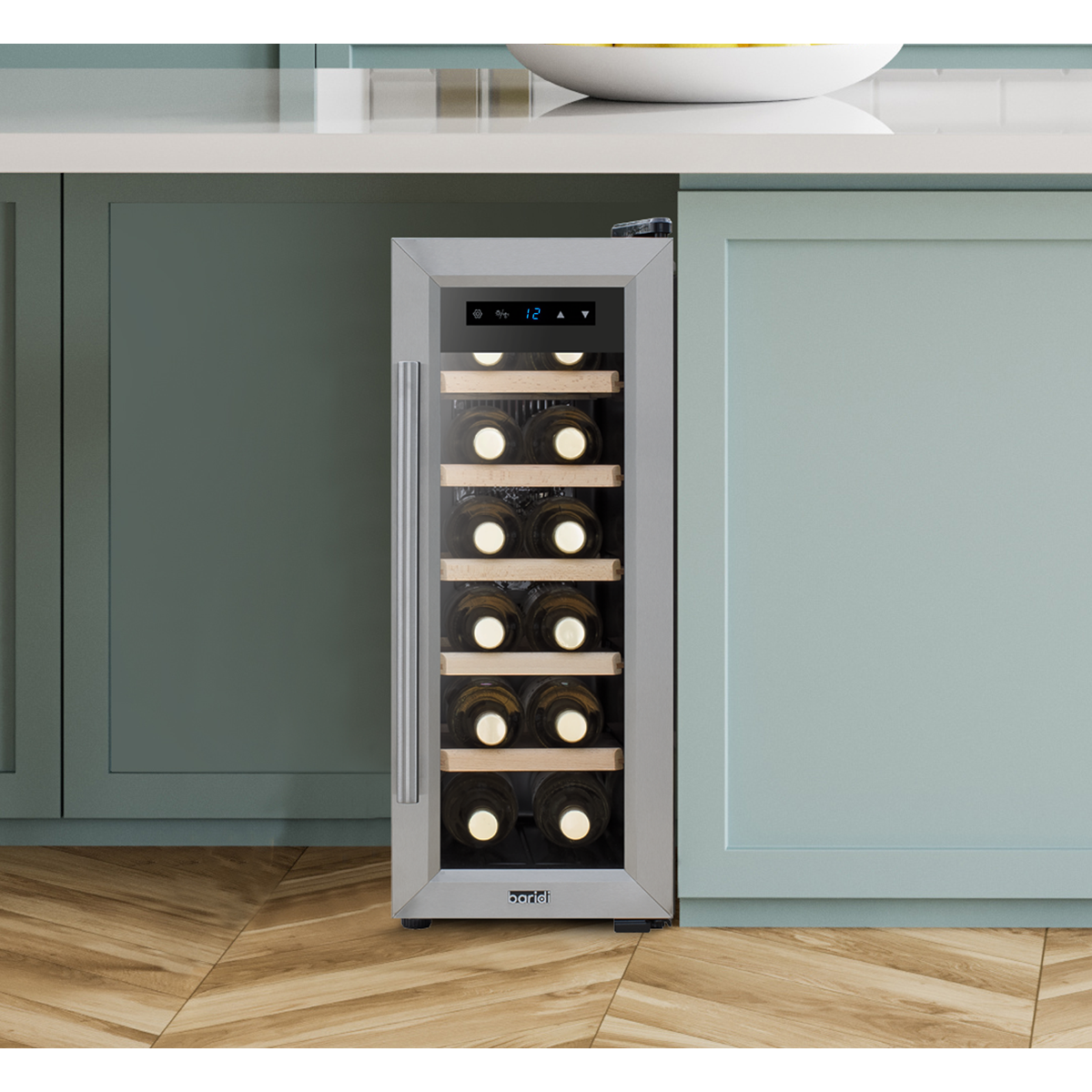 Baridi DH74 Baridi 12 Bottle Wine Fridge with Digital Touch Screen Controls, Metal Shelves & LED Light - Stainless Steel