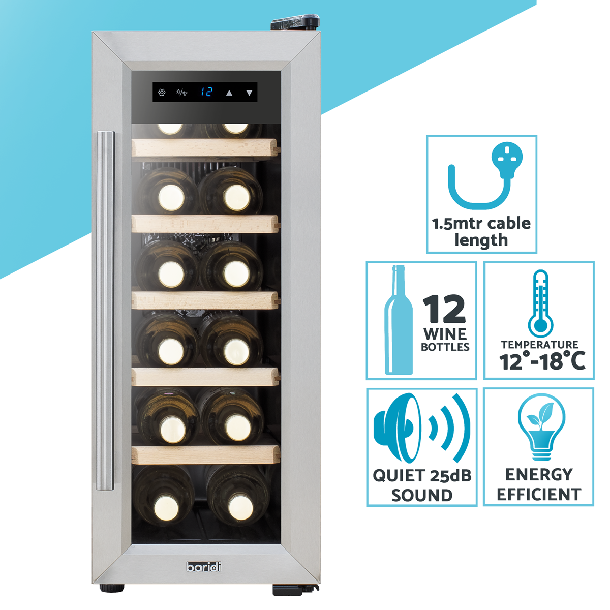 Baridi DH74 Baridi 12 Bottle Wine Fridge with Digital Touch Screen Controls, Metal Shelves & LED Light - Stainless Steel