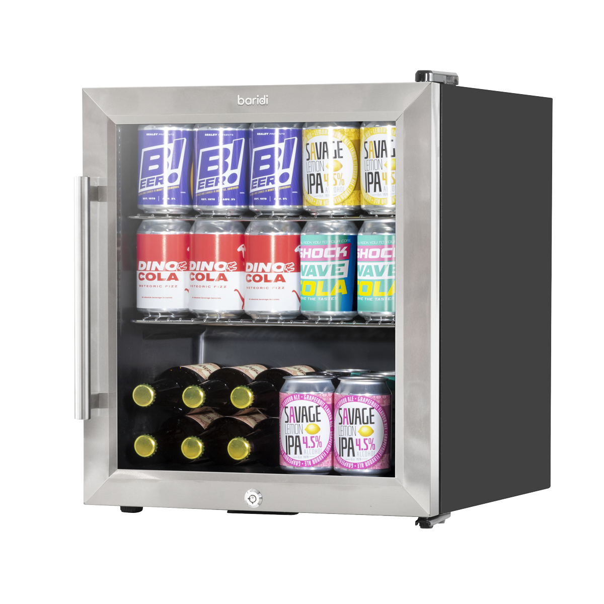 Baridi DH75 Baridi Mini Tabletop Beer & Drinks Fridge with Lock & Key, Metal Shelves & LED Light 50L - Stainless Steel