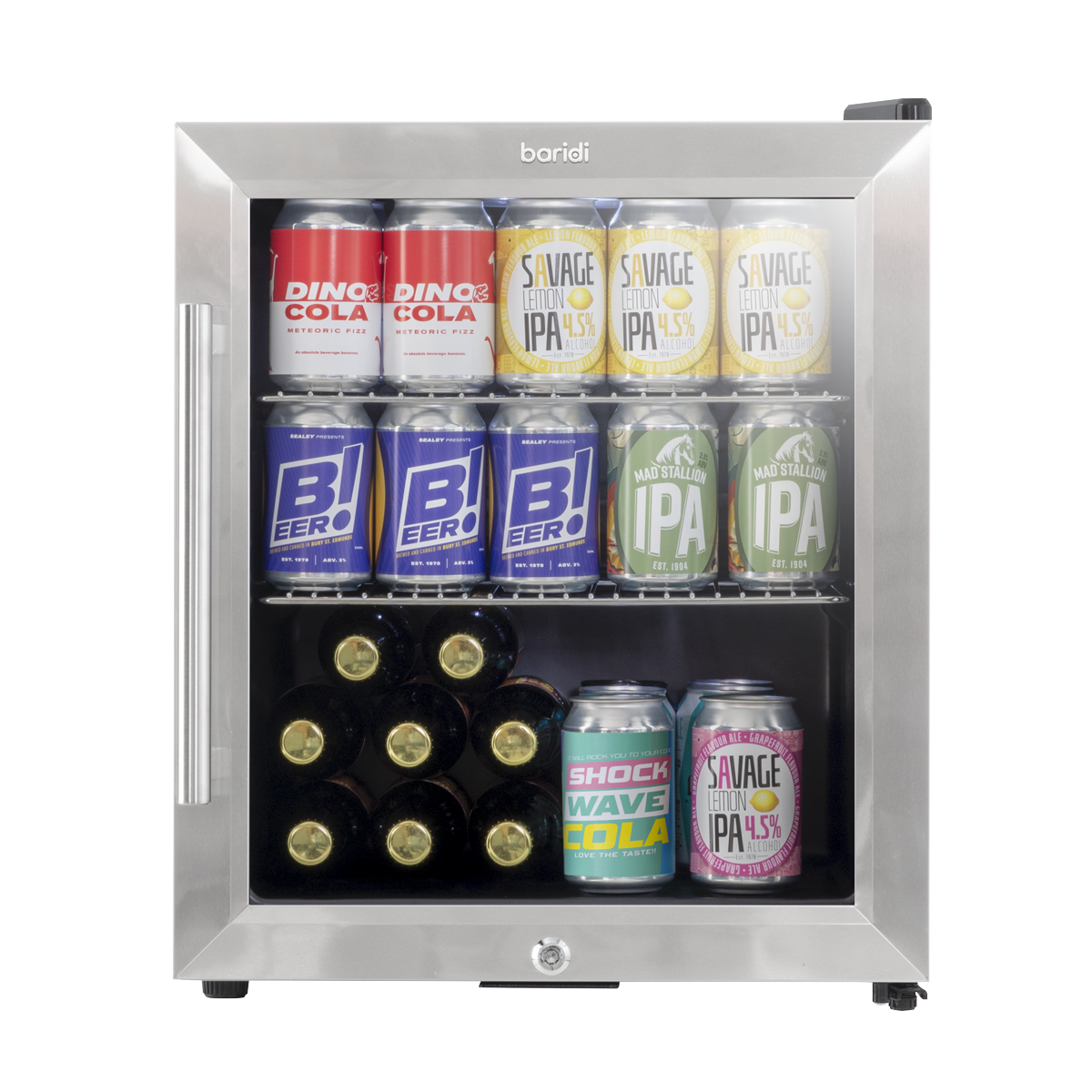 Baridi DH75 Baridi Mini Tabletop Beer & Drinks Fridge with Lock & Key, Metal Shelves & LED Light 50L - Stainless Steel