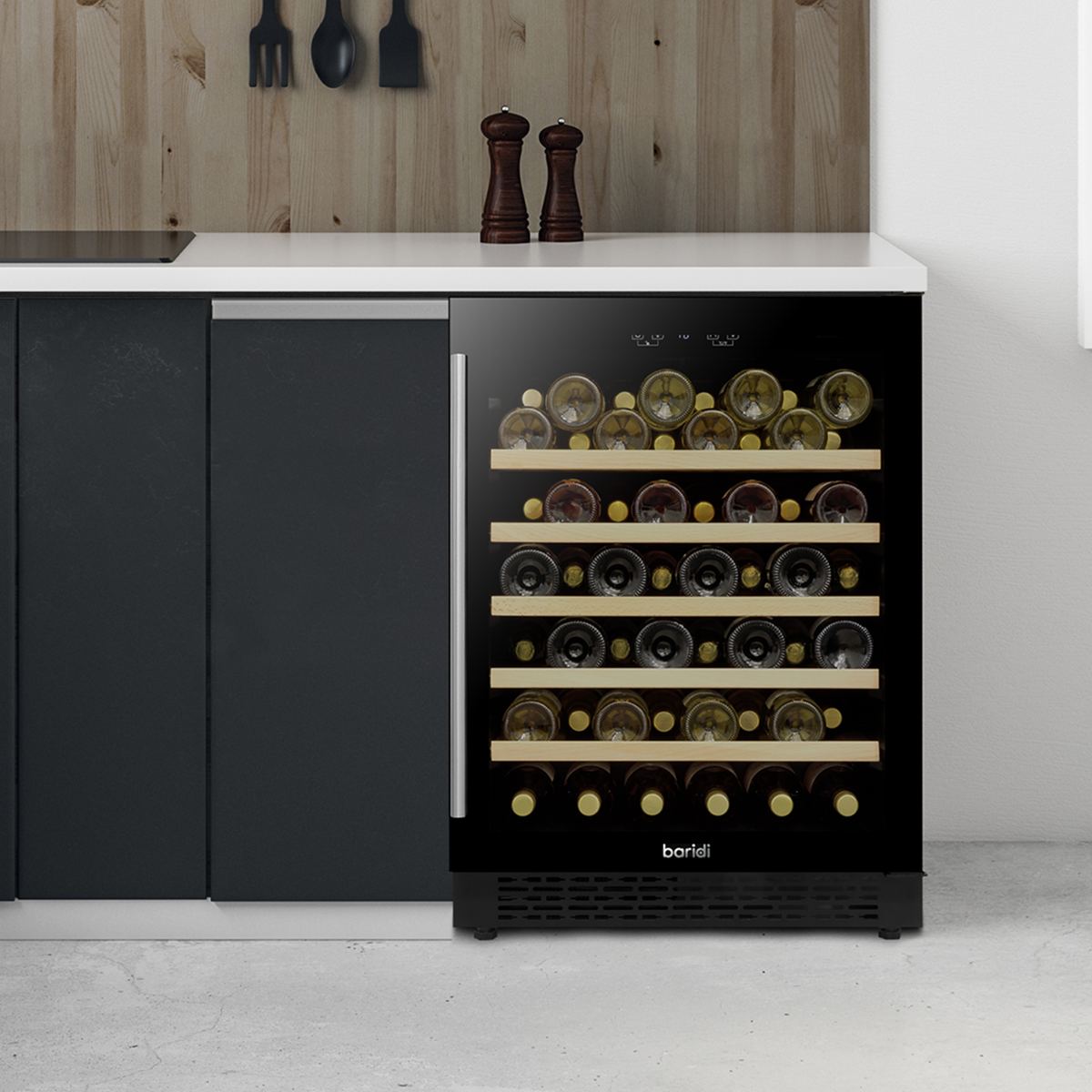 Baridi DH78 Baridi 54 Bottle Undercounter/Freestanding Wine Fridge with Digital Touch Screen Controls, Wooden Shelves & LED Light 135L - Black