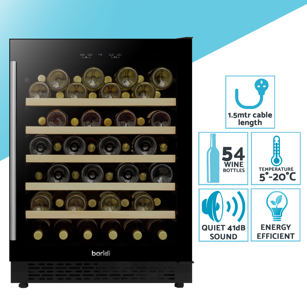 Baridi DH78 Baridi 54 Bottle Undercounter/Freestanding Wine Fridge with Digital Touch Screen Controls, Wooden Shelves & LED Light 135L - Black