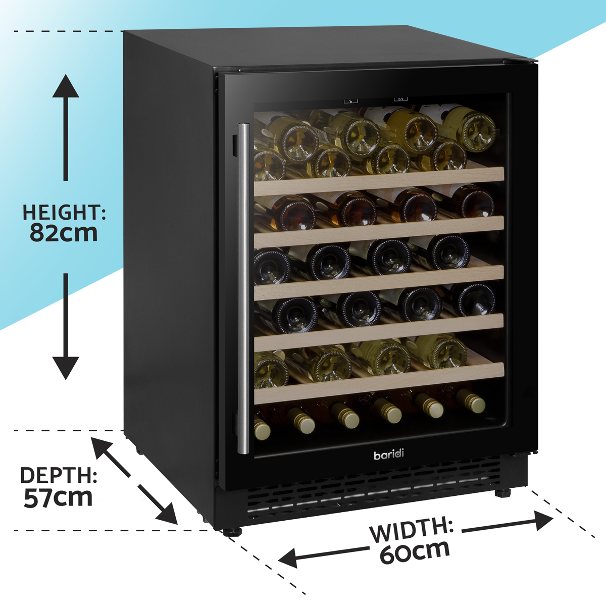 Baridi DH78 Baridi 54 Bottle Undercounter/Freestanding Wine Fridge with Digital Touch Screen Controls, Wooden Shelves & LED Light 135L - Black
