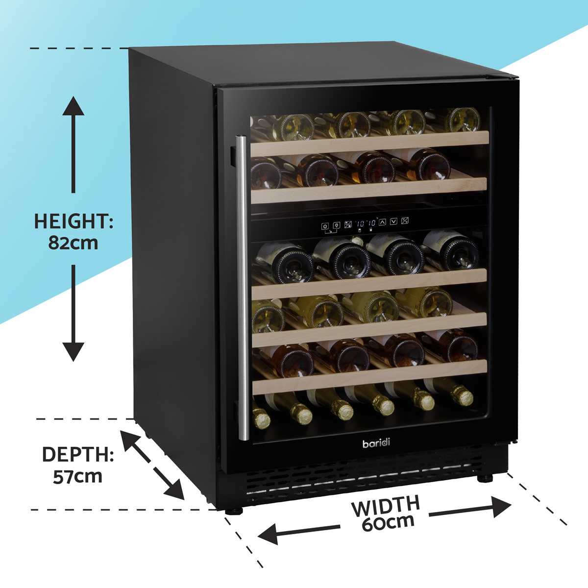 Baridi DH79 Baridi 46 Bottle Dual Zone Undercounter/Freestanding Fridge with Digital Touch Screen Controls, Wooden Shelves & LED Light - Black