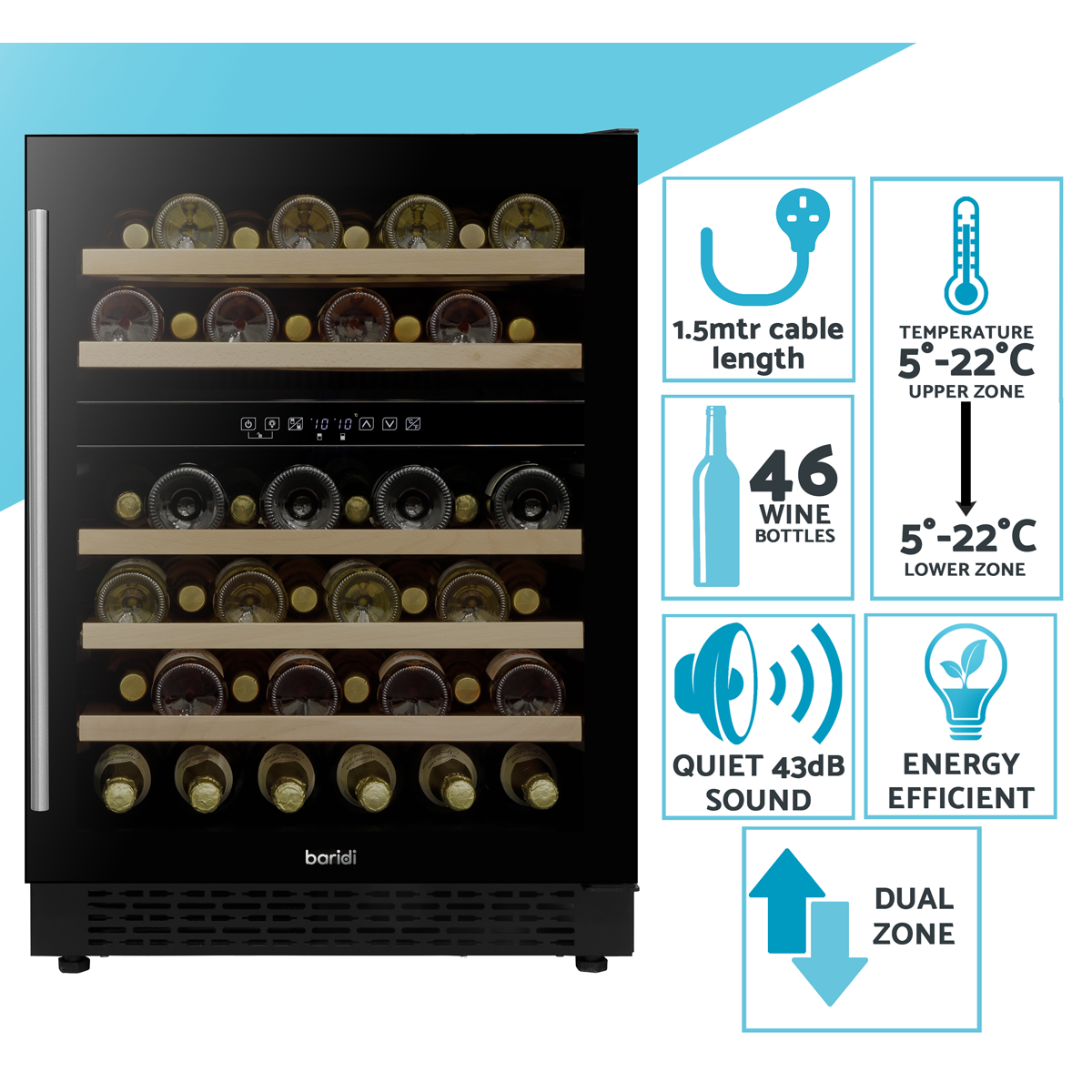 Baridi DH79 Baridi 46 Bottle Dual Zone Undercounter/Freestanding Fridge with Digital Touch Screen Controls, Wooden Shelves & LED Light - Black