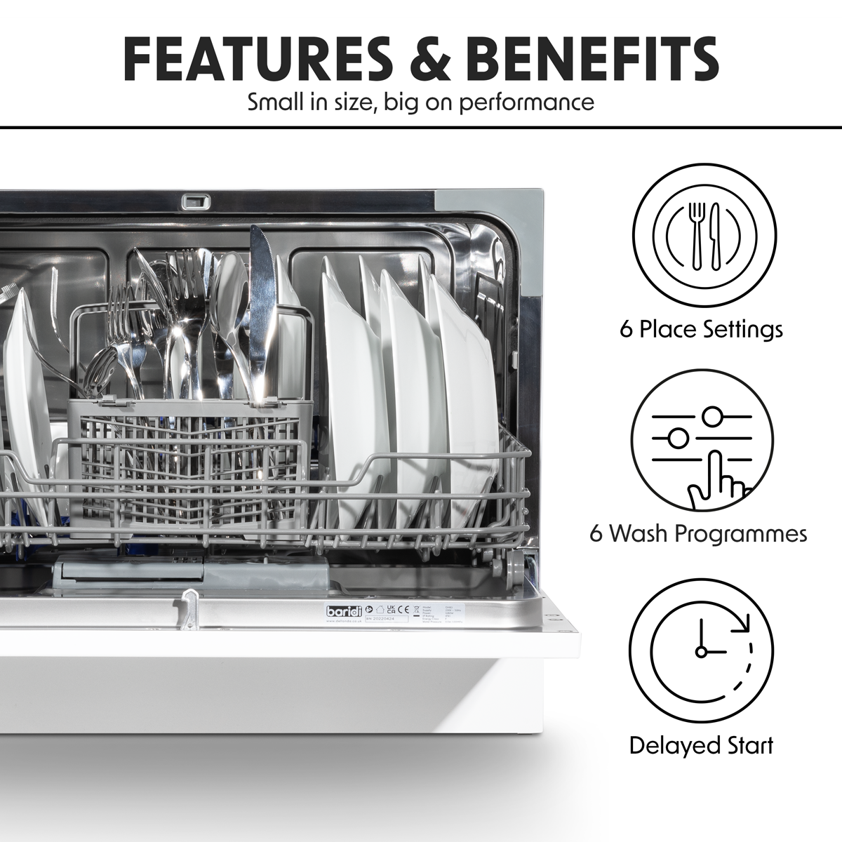 Baridi DH83 Baridi Tabletop Dishwasher 6 Place Settings 6.5L Capacity - White