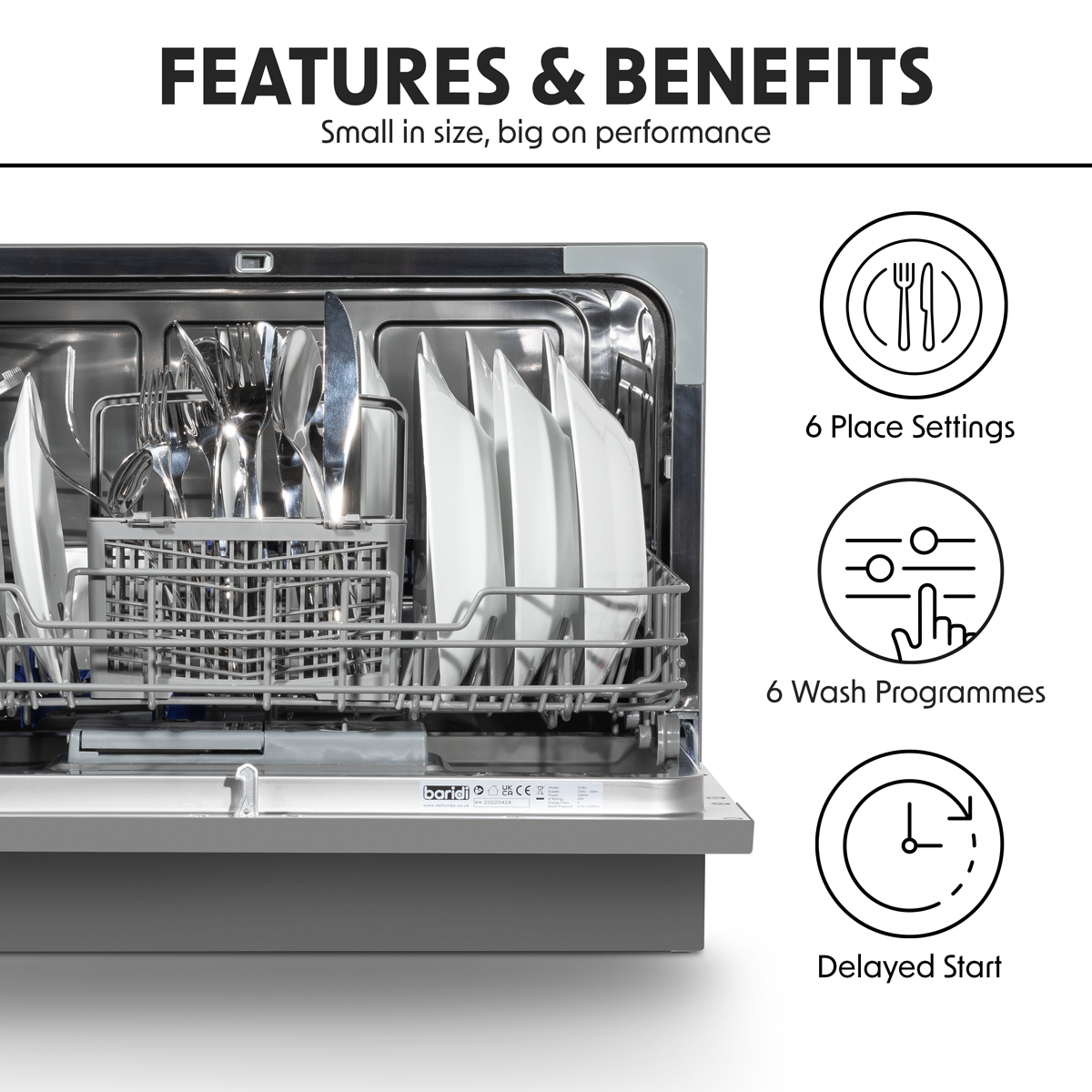 Baridi DH84 Baridi Tabletop Dishwasher 6 Place Settings 6.5L Capacity - Silver