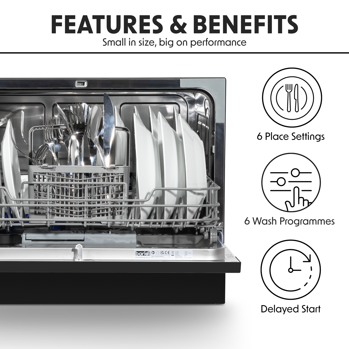 Baridi DH85 Baridi Tabletop Dishwasher 6 Place Settings 6.5L Capacity - Black