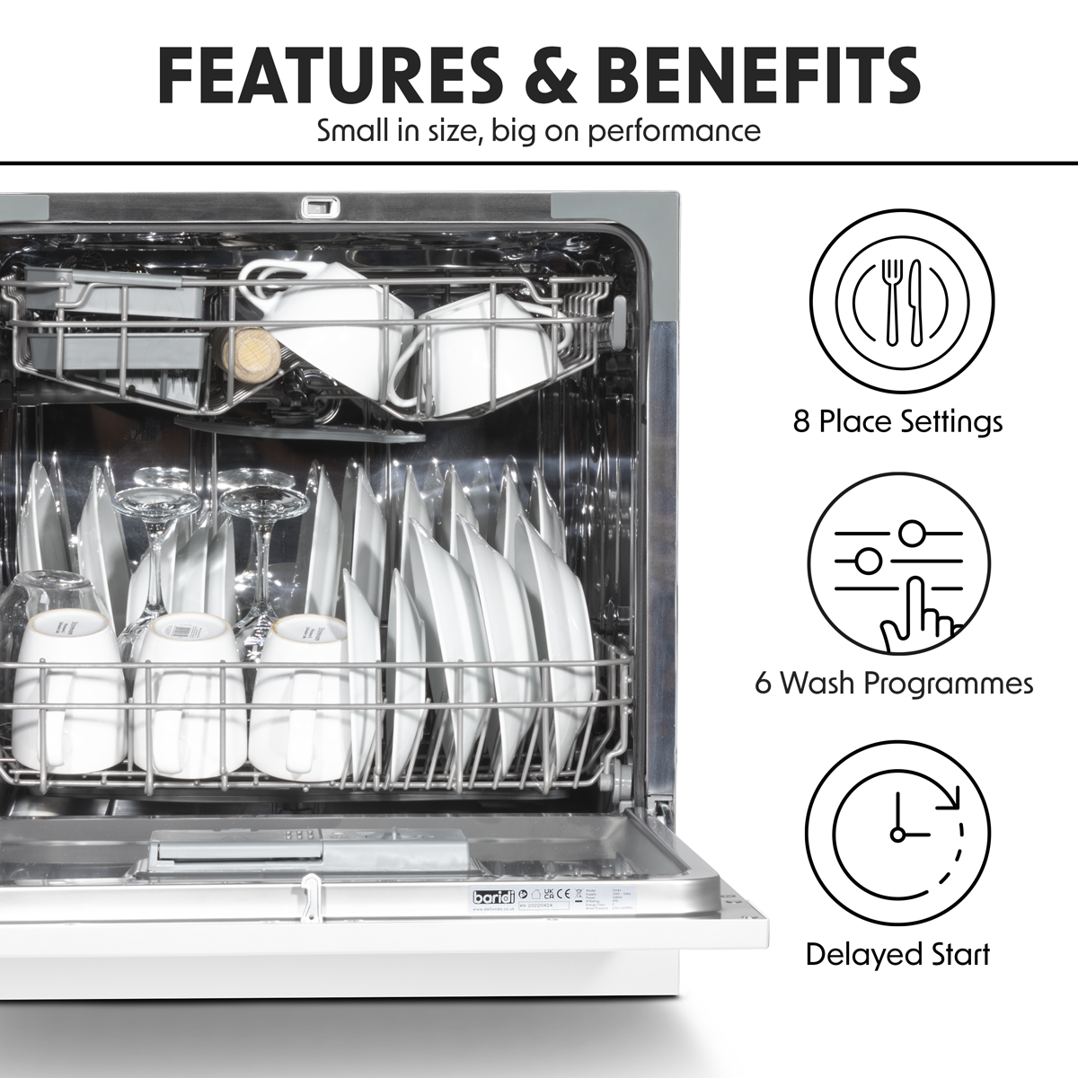 Baridi DH86 Baridi Tabletop Dishwasher 8 Place Settings 8L Capacity - White