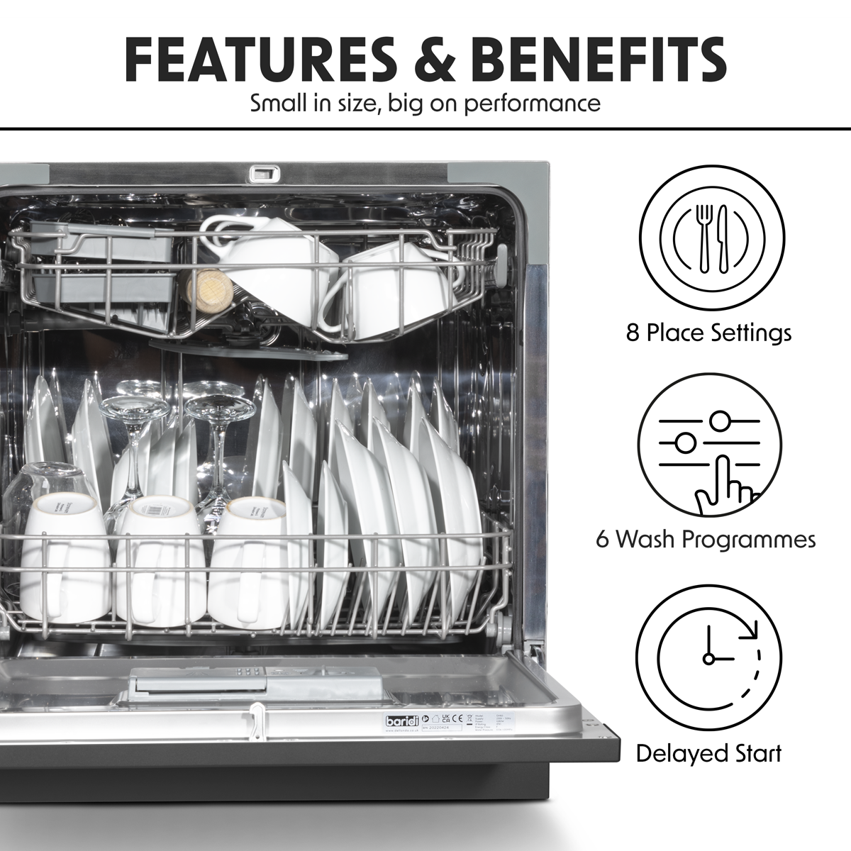 Baridi DH88 Baridi Tabletop Dishwasher 8 Place Settings 8L Capacity - Black