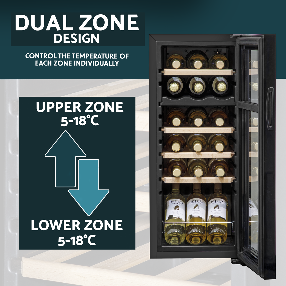 Baridi DH89 Baridi 18 Bottle Dual Zone Wine Fridge/Cooler with Digital Touch Screen Controls, Wooden Shelves & LED Light - Black
