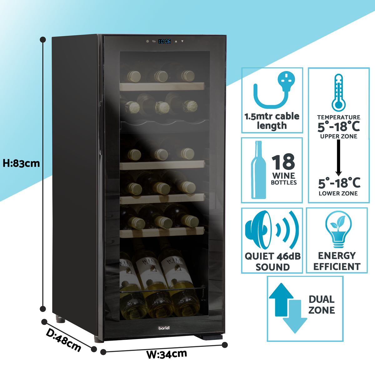 Baridi DH89 Baridi 18 Bottle Dual Zone Wine Fridge/Cooler with Digital Touch Screen Controls, Wooden Shelves & LED Light - Black